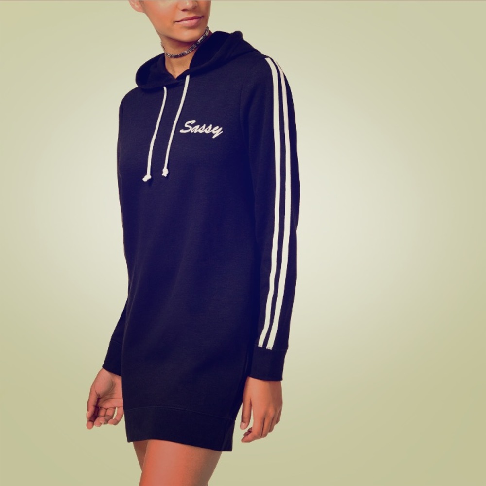 Black Sassy Hoodie Fleece Sweater Dress