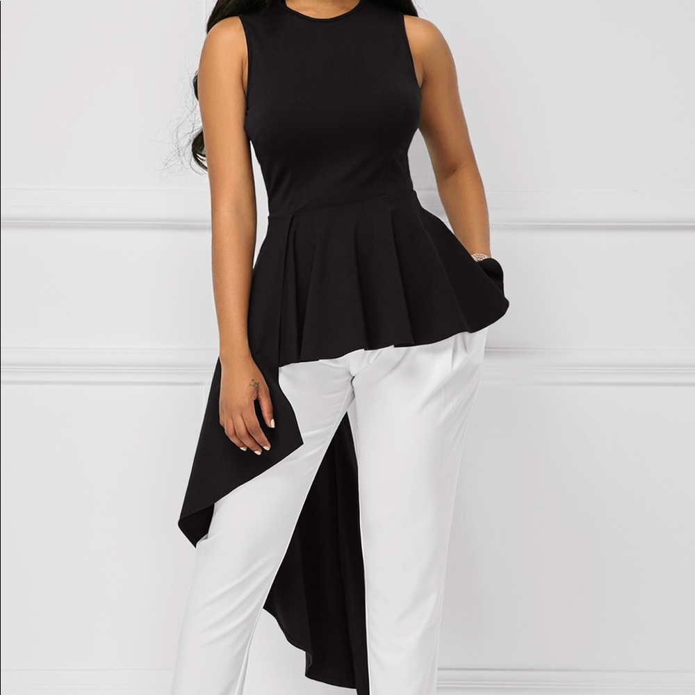 Asymmetric Hem Sleeveless Black Peplum Top