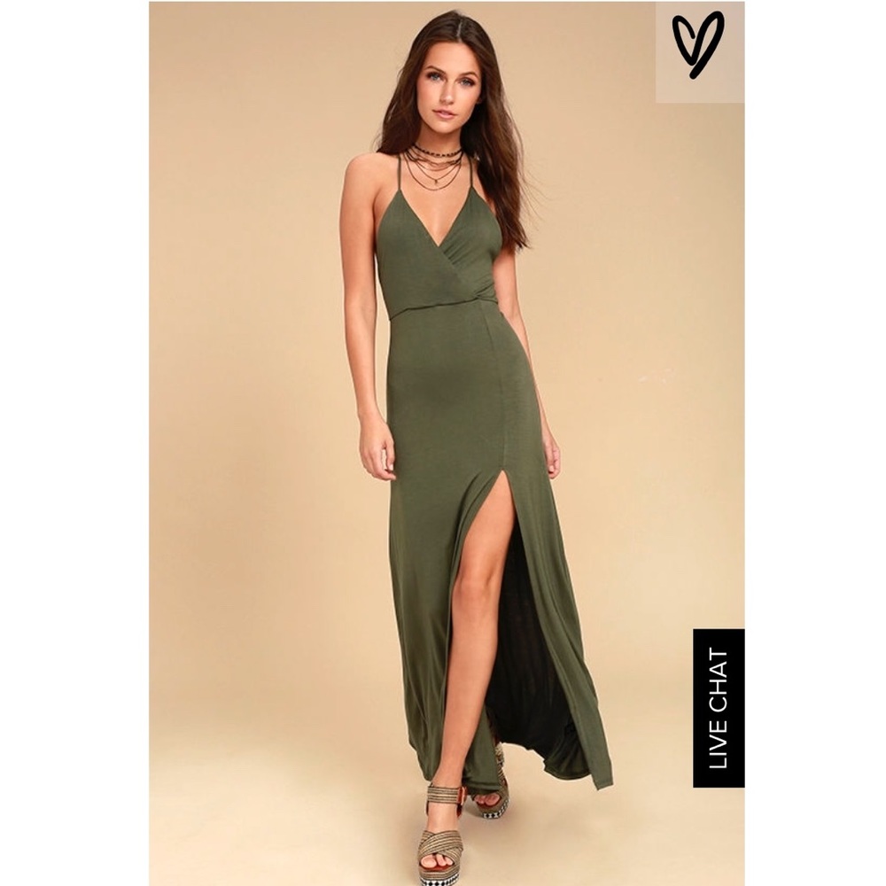 LULU'S Desert Skies Olive Backless Maxi Dress💚