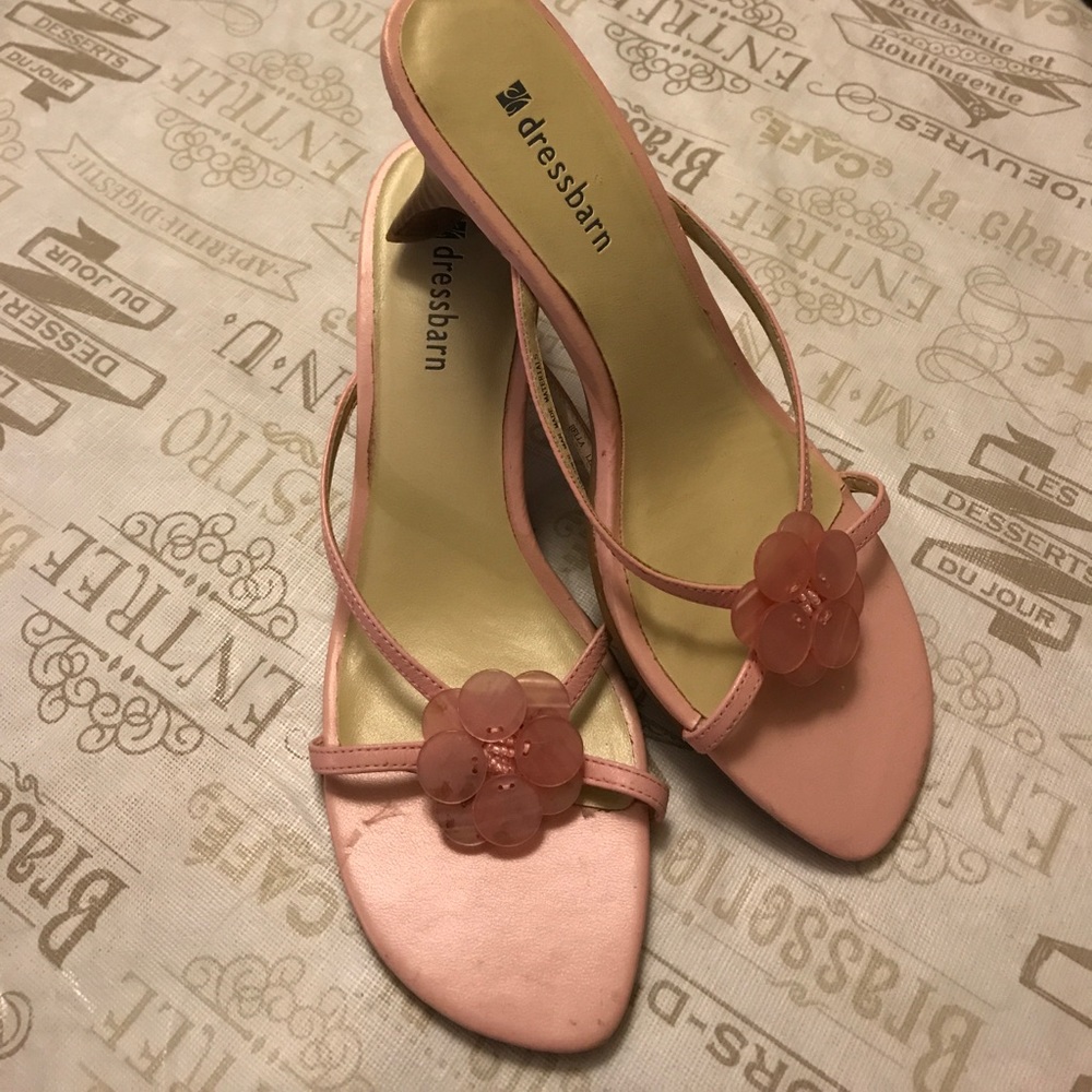 Pink pearlescent heeled sandals
