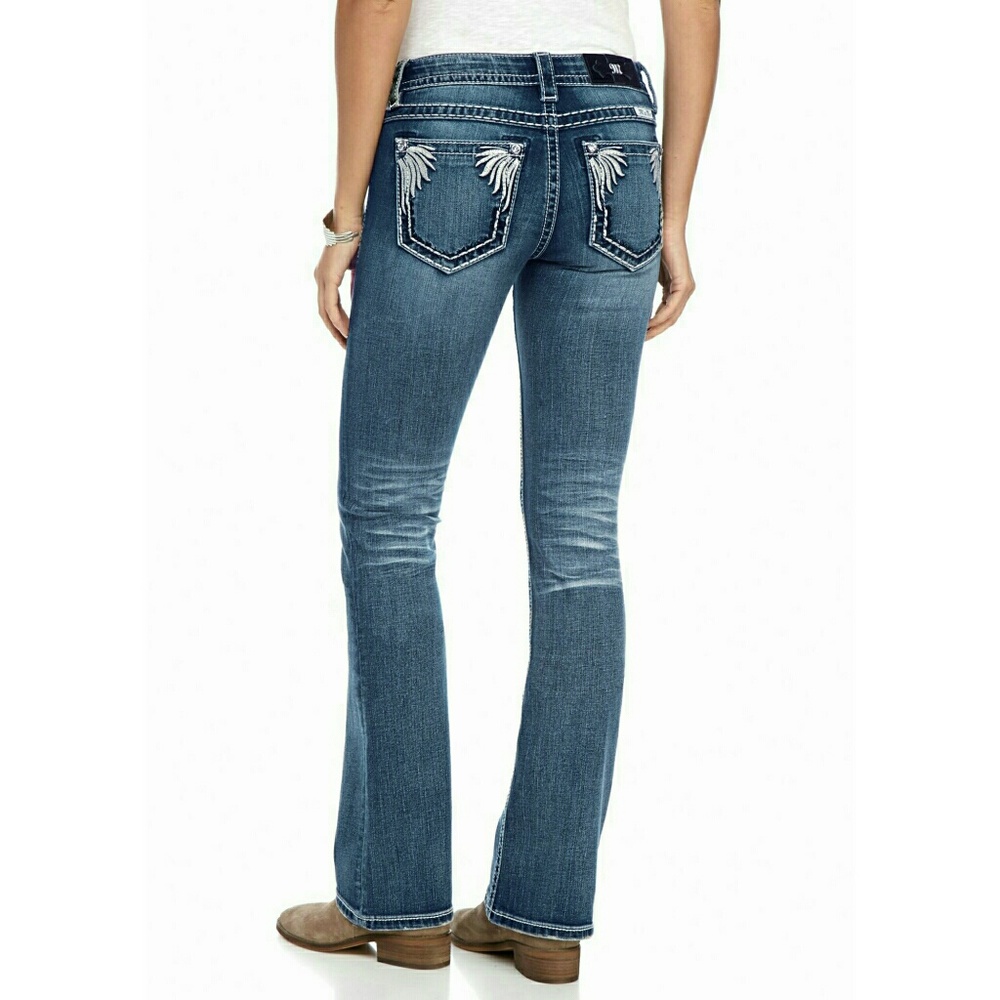 New! MISS ME Feather Pocket Boot Cut Jeans Blue