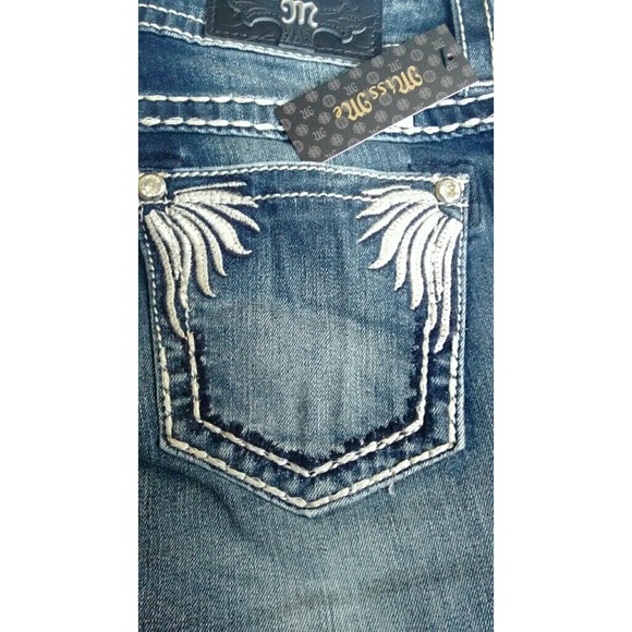 New! MISS ME Feather Pocket Boot Cut Jeans Blue - Picture 3 of 4