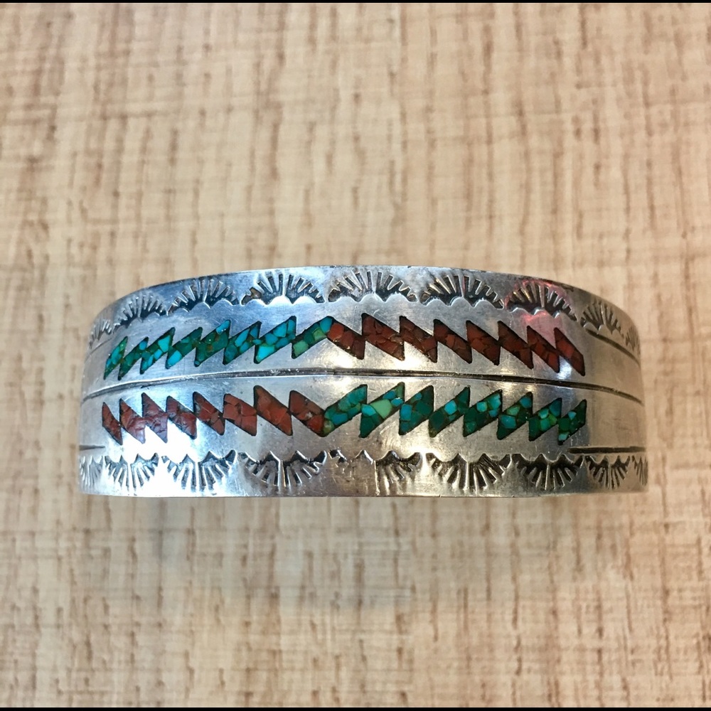 Navajo Hopi Turquoise Silver Cuff Bracelet Signed