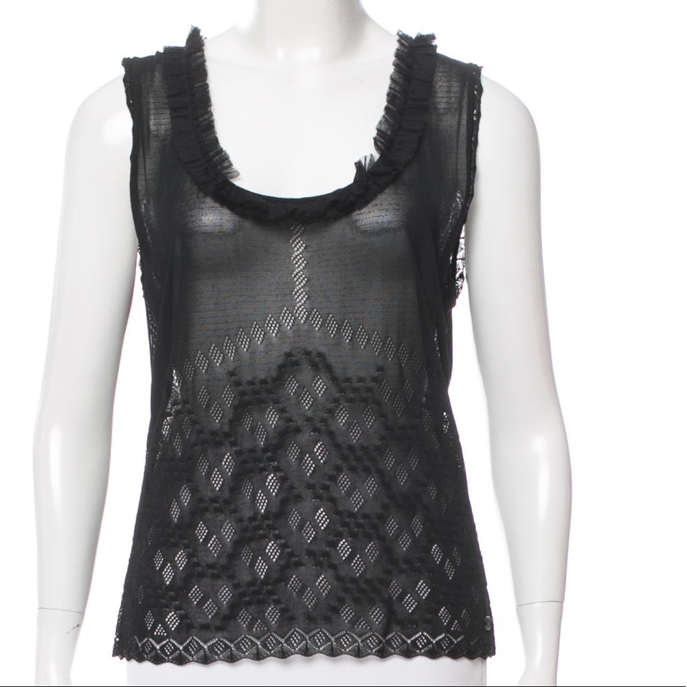 Ruffle trimmed open knit accents Chanel top