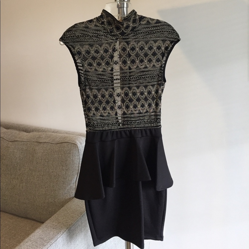 Black and gold high neck peplum dress