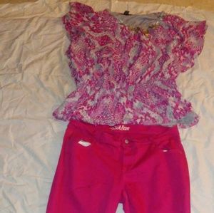 Rhinestone sheer top w/matching pink jeans