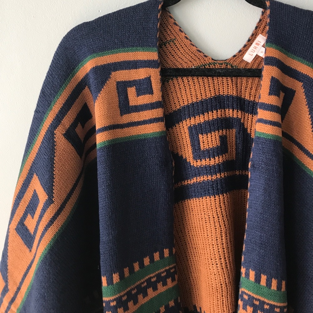 LAST ONE! Navy Green fringe trim poncho cardigan - Picture 3 of 8