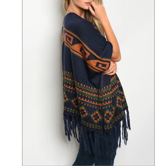 LAST ONE! Navy Green fringe trim poncho cardigan - Picture 6 of 8
