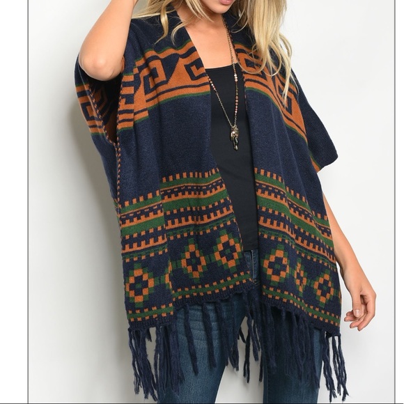 LAST ONE! Navy Green fringe trim poncho cardigan - Picture 5 of 8