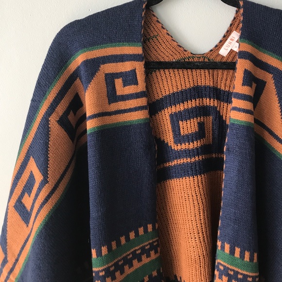 LAST ONE! Navy Green fringe trim poncho cardigan - Picture 3 of 8