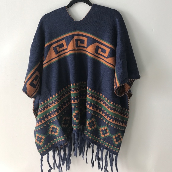 LAST ONE! Navy Green fringe trim poncho cardigan - Picture 2 of 8