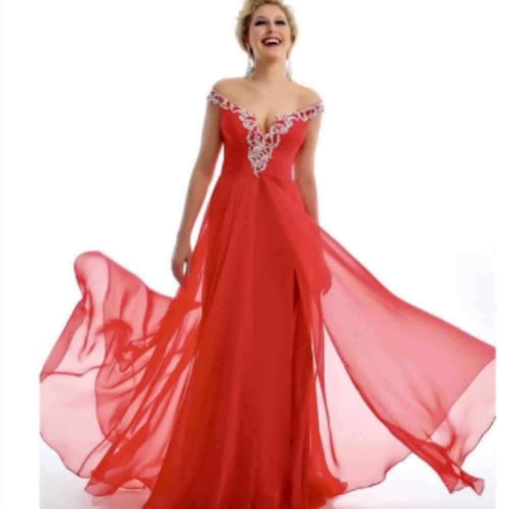 Mac Duggal Cherry Chiffon Off the Shoulder Dress
