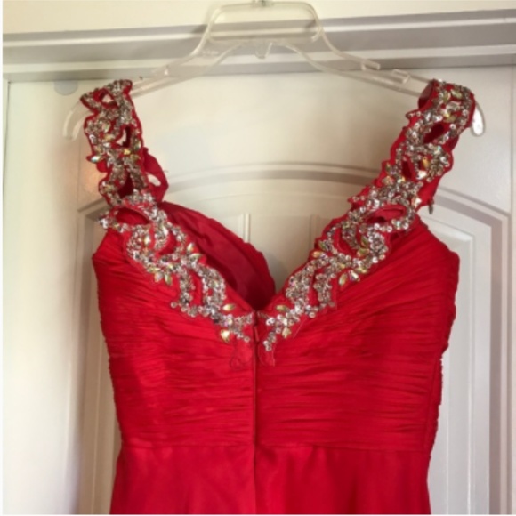 Mac Duggal Cherry Chiffon Off the Shoulder Dress - Picture 3 of 8