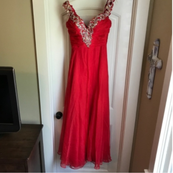 Mac Duggal Cherry Chiffon Off the Shoulder Dress - Picture 6 of 8