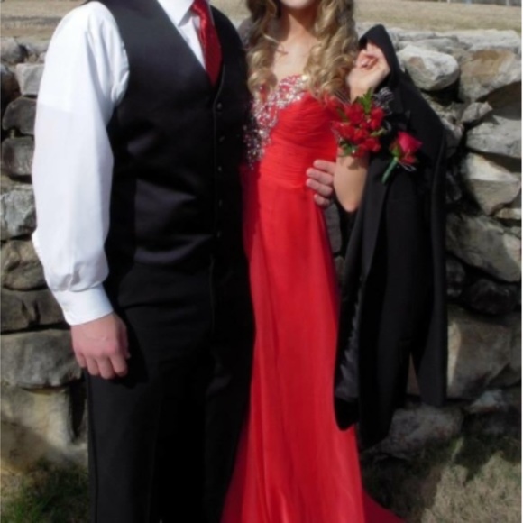 Mac Duggal Cherry Chiffon Off the Shoulder Dress - Picture 4 of 8