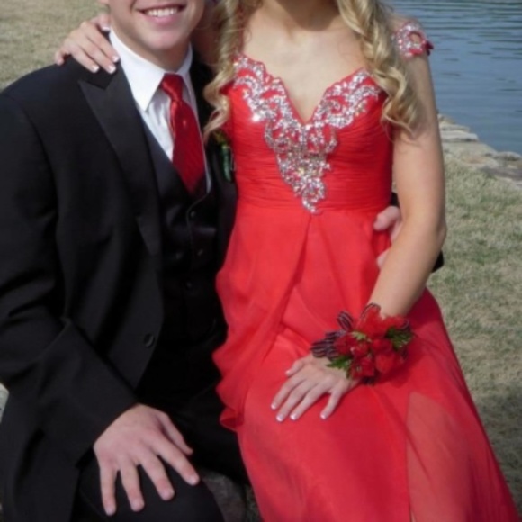 Mac Duggal Cherry Chiffon Off the Shoulder Dress - Picture 7 of 8