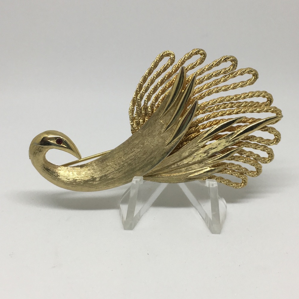 Vintage Abstract Bird Rhinestone Gold Tone Brooch