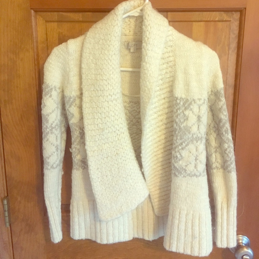 White and silver open front sweater