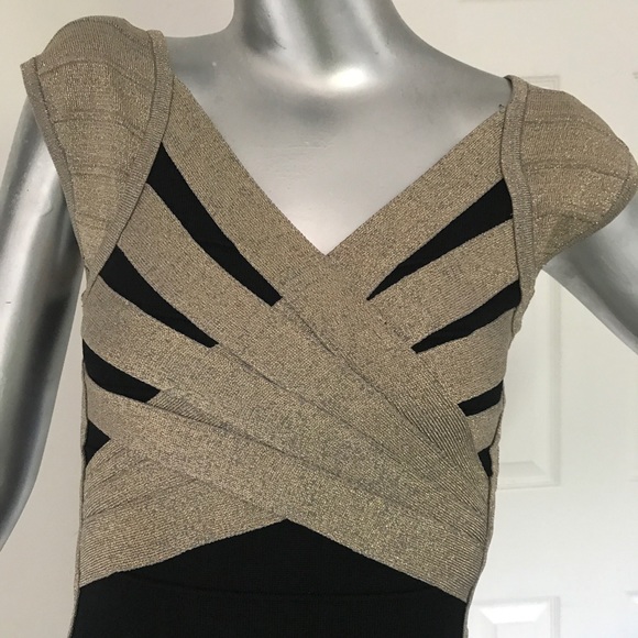 WowCouture Sm fitted Black & Metallic Gold Dress! - Picture 2 of 8