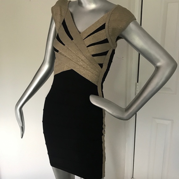 WowCouture Sm fitted Black & Metallic Gold Dress! - Picture 3 of 8