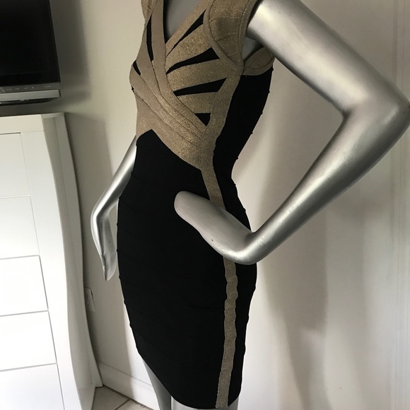 WowCouture Sm fitted Black & Metallic Gold Dress! - Picture 4 of 8