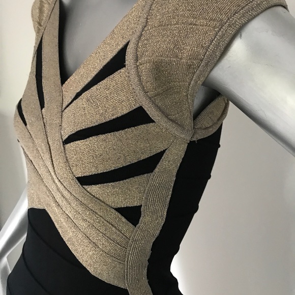 WowCouture Sm fitted Black & Metallic Gold Dress! - Picture 5 of 8