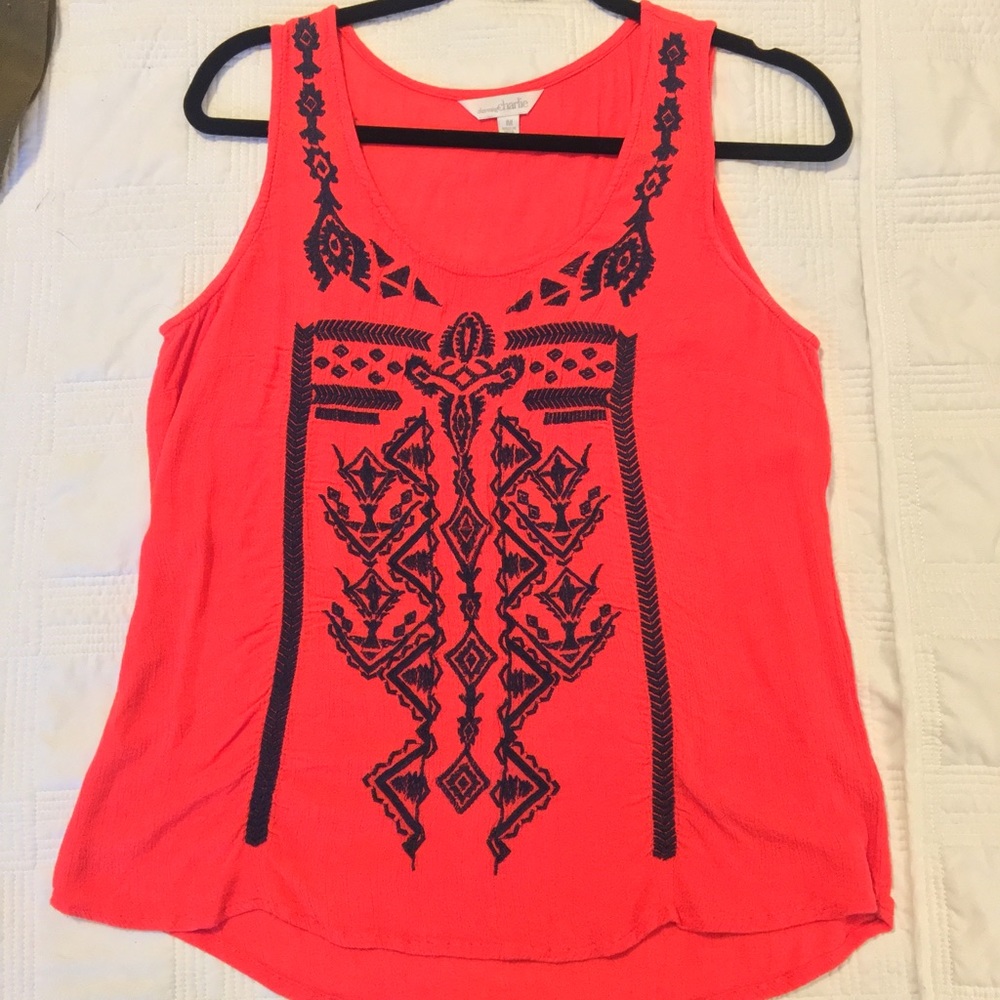 Red with blue embroidery tank top
