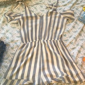 American Eagle Light Blue and White Striped Romper