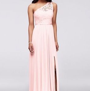 David's Bridal long dress one shoulder lace