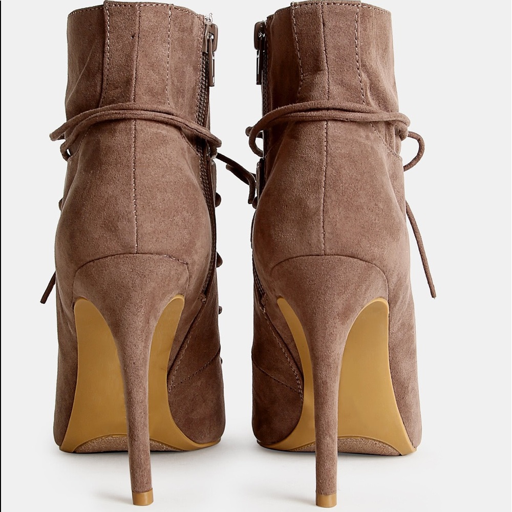 ๐๐ญFaux Suede Lace Up Stiletto Ankle Boots TAUPE - Picture 4 of 4