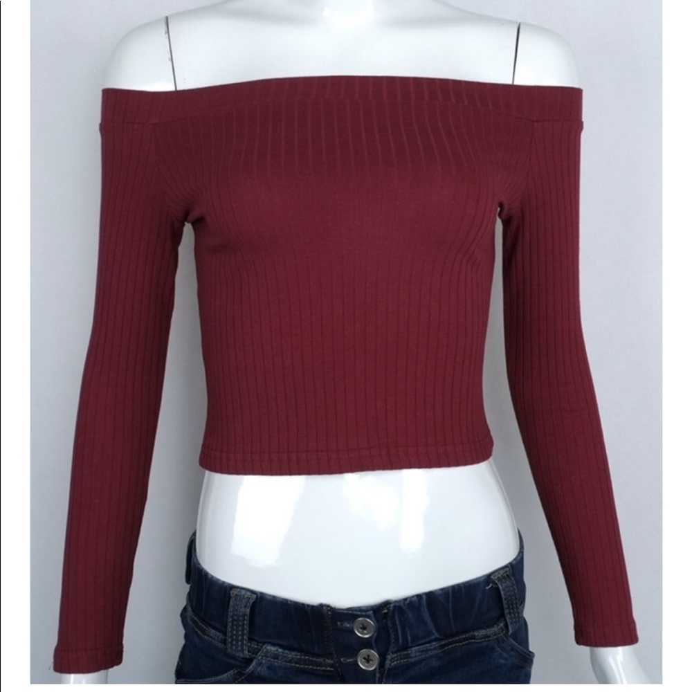 Sexy Long-Sleeve Open Cold Shoulder Crop-Wine Red - Picture 2 of 8