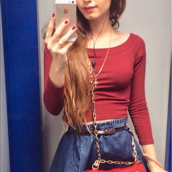 Sexy Long-Sleeve Open Cold Shoulder Crop-Wine Red - Picture 3 of 8