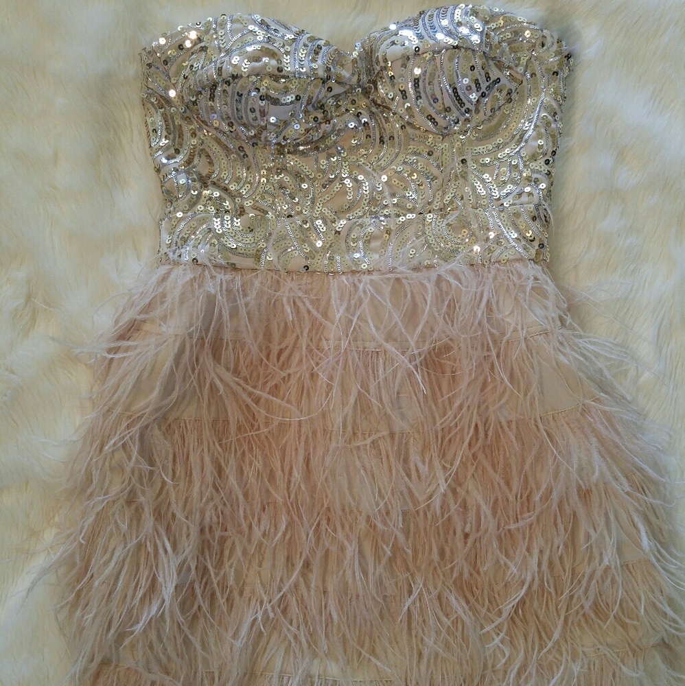 Bebe ISIS sequin feather dress