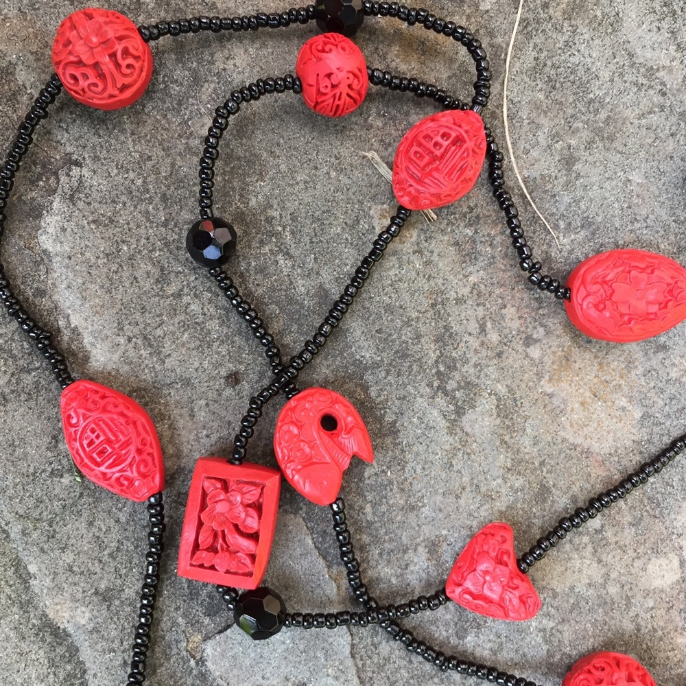 Cinnabar and Black Seed Bead Necklace