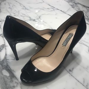 Prada Black Patent Leather Peep-Toe Pumps Sz 38.5
