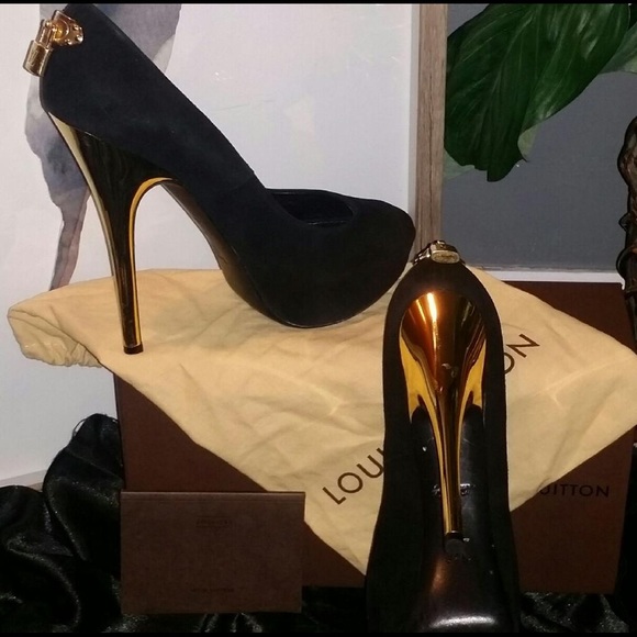 Louis Vuitton Suede Peep Toe Heels W/Gold Lock - Picture 1 of 6