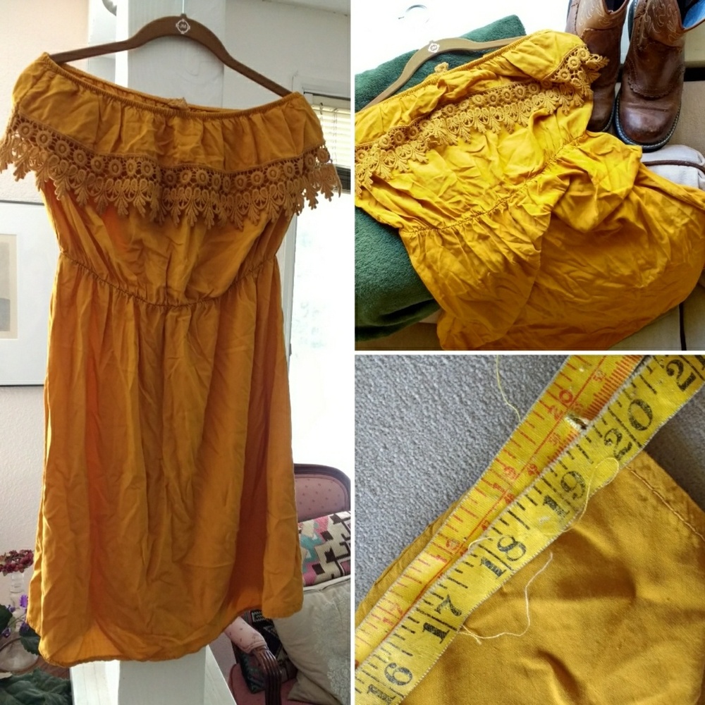 Golden strapless lace ruffle dress