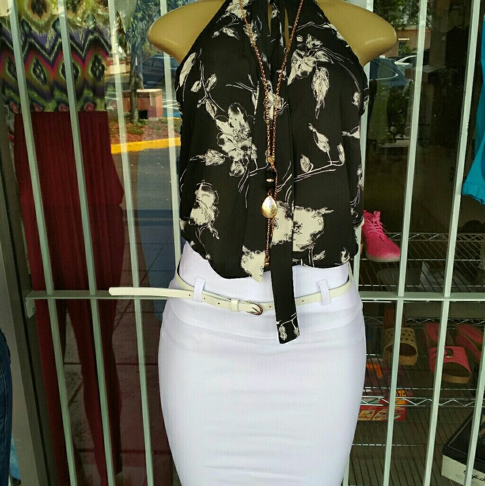 White skirt dress set with flowered blouse
