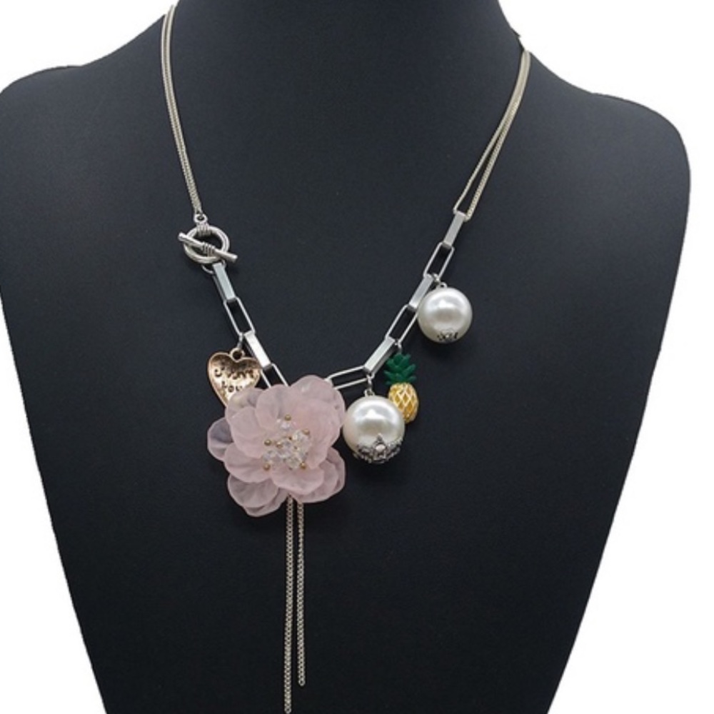NEW Pink Flower Charm Statement Choker Necklace