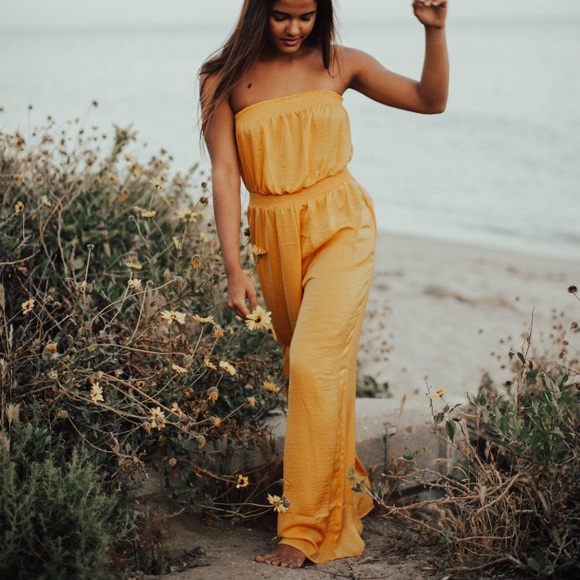 mustard strapless jumpsuit