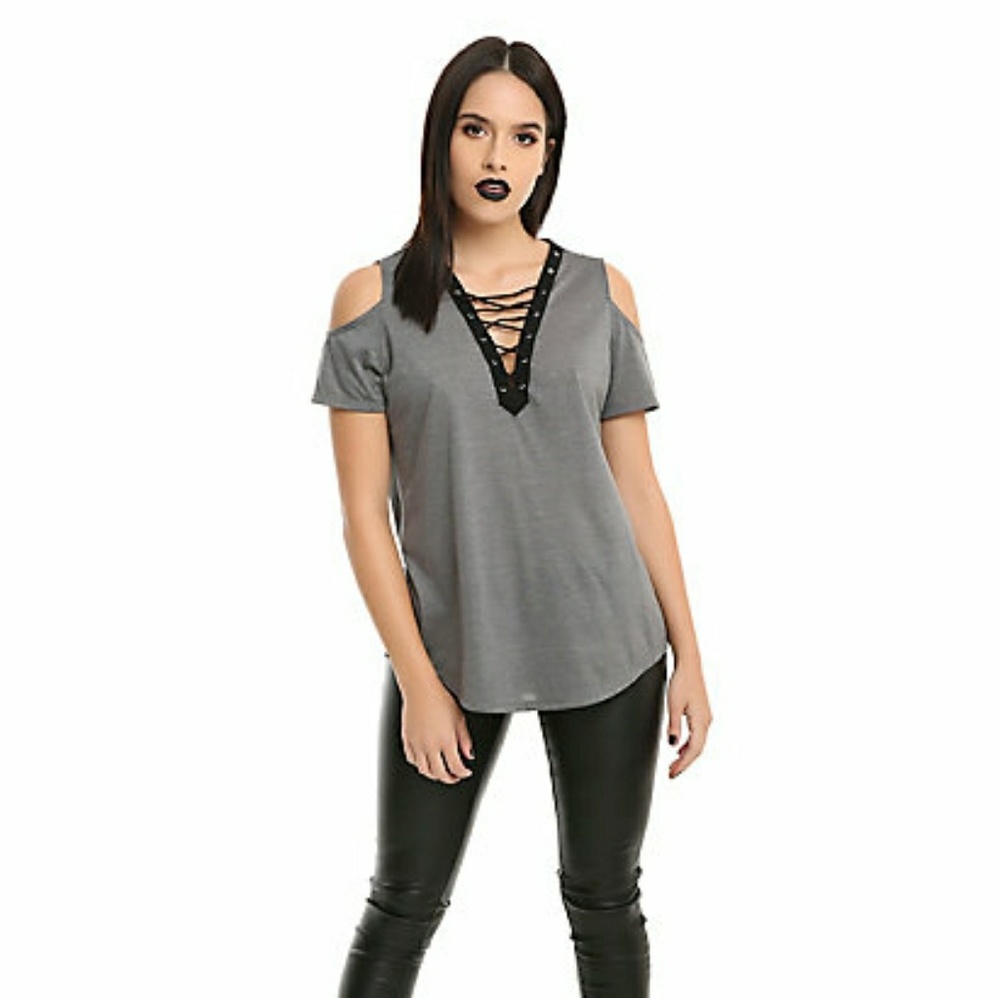 Grey Lace-Up Girls Cold Shoulder Top - Picture 2 of 3