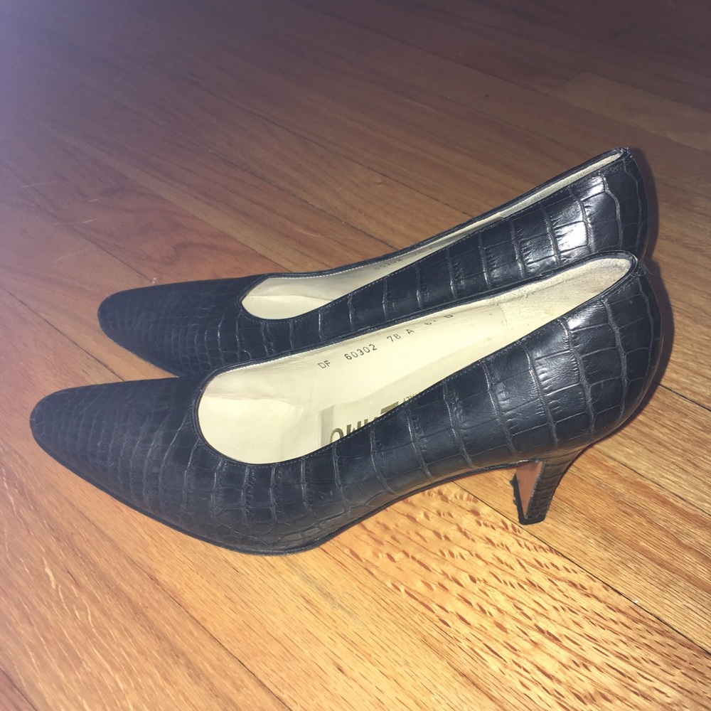 SALVATORE FERRAGAMO CROC EMBOSSED LEATHER HEELS