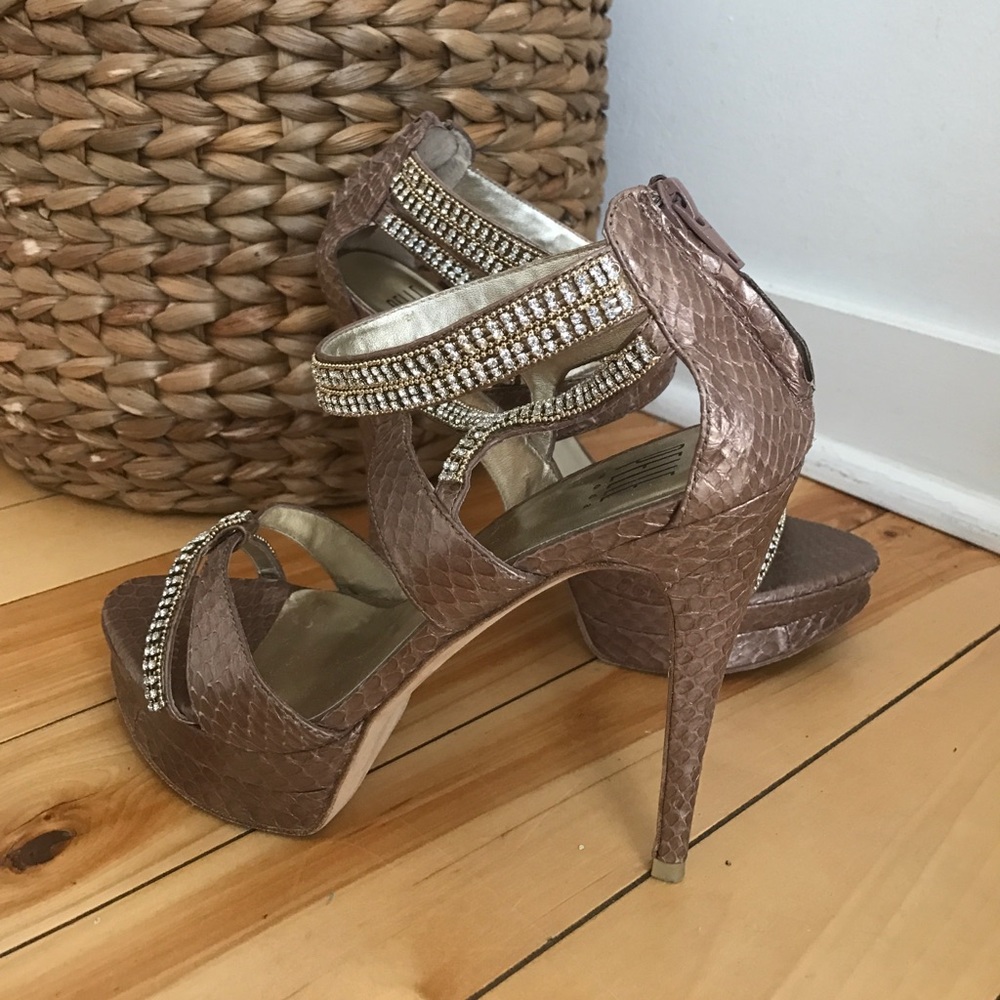 PELLE Moda Mauve Snake Skin Rhinestone Sandals