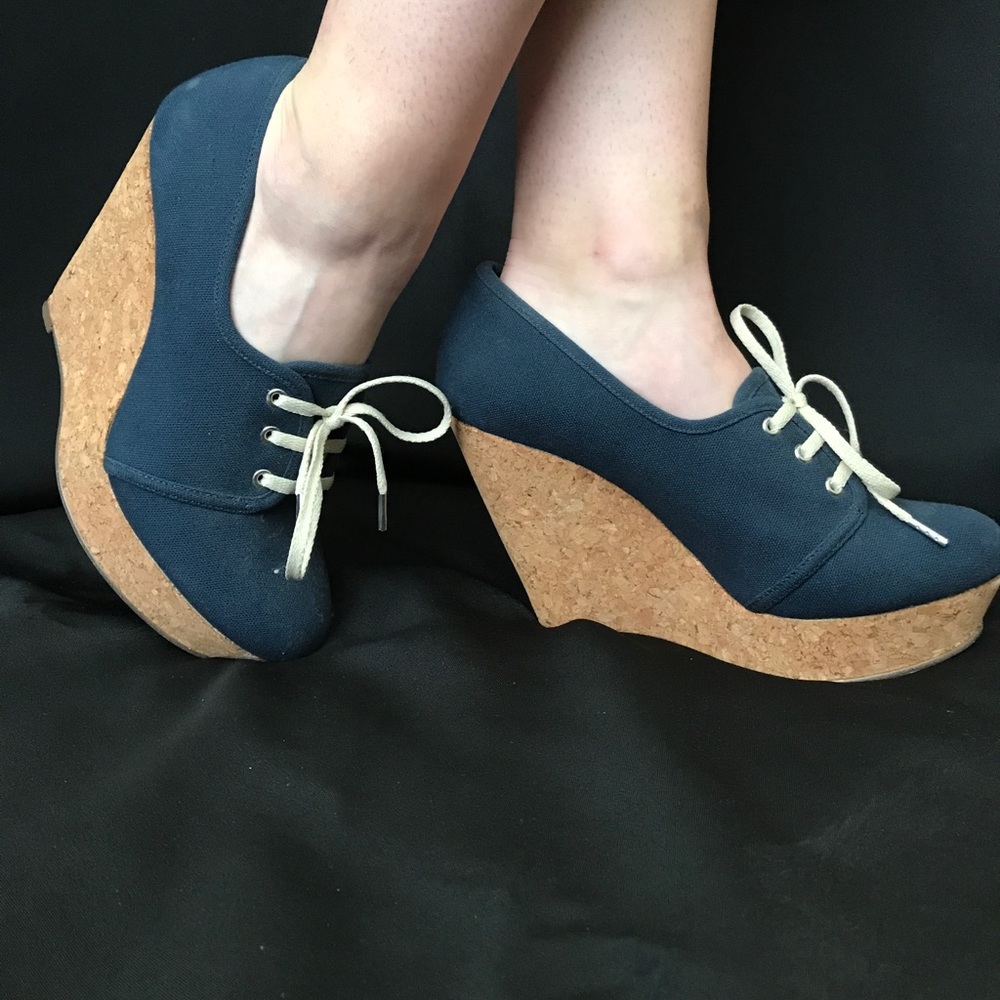 Navy and cork wedges