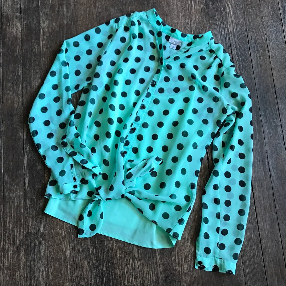 Turquoise and black polka dot shirt