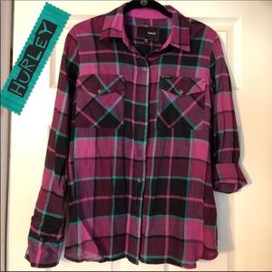 Hurley purple, teal, and black plaid button down