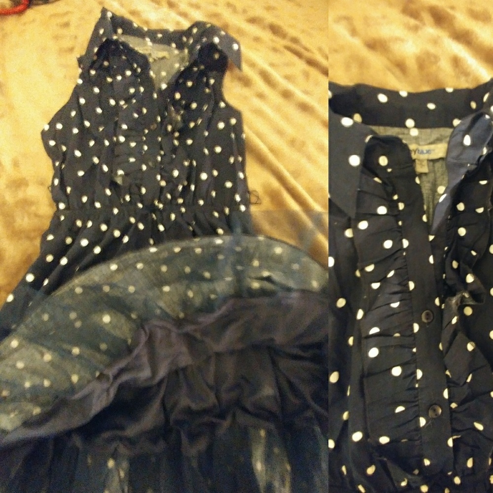 Navy blue and white polka dot dress with collar