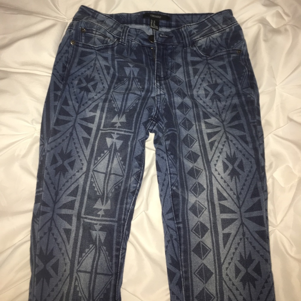 Tribal patterned, mid waisted skinny jeans