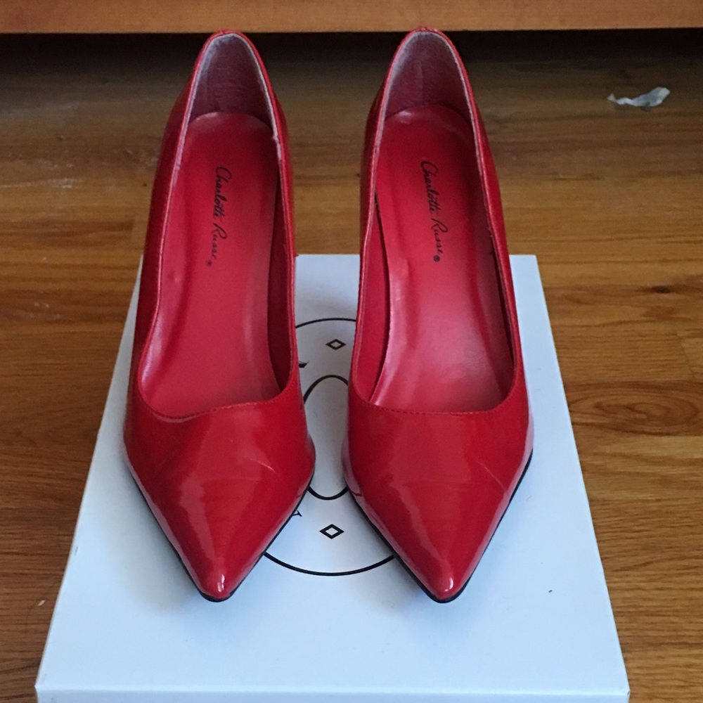 All red patent leather heels.