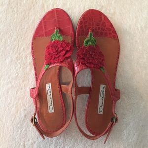 Oscar De La Renta Flower Red Thong Sandals